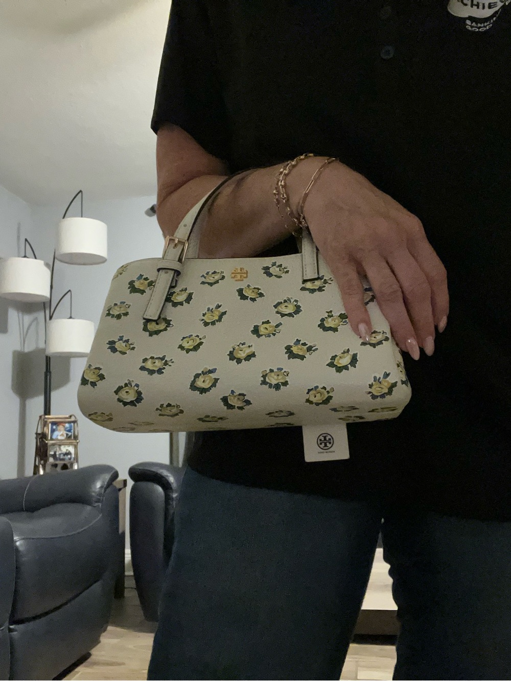Tory Burch Pebble Leather Cream Floral Mini Satchel with Yellow & Green Accents - Picture 10 of 10